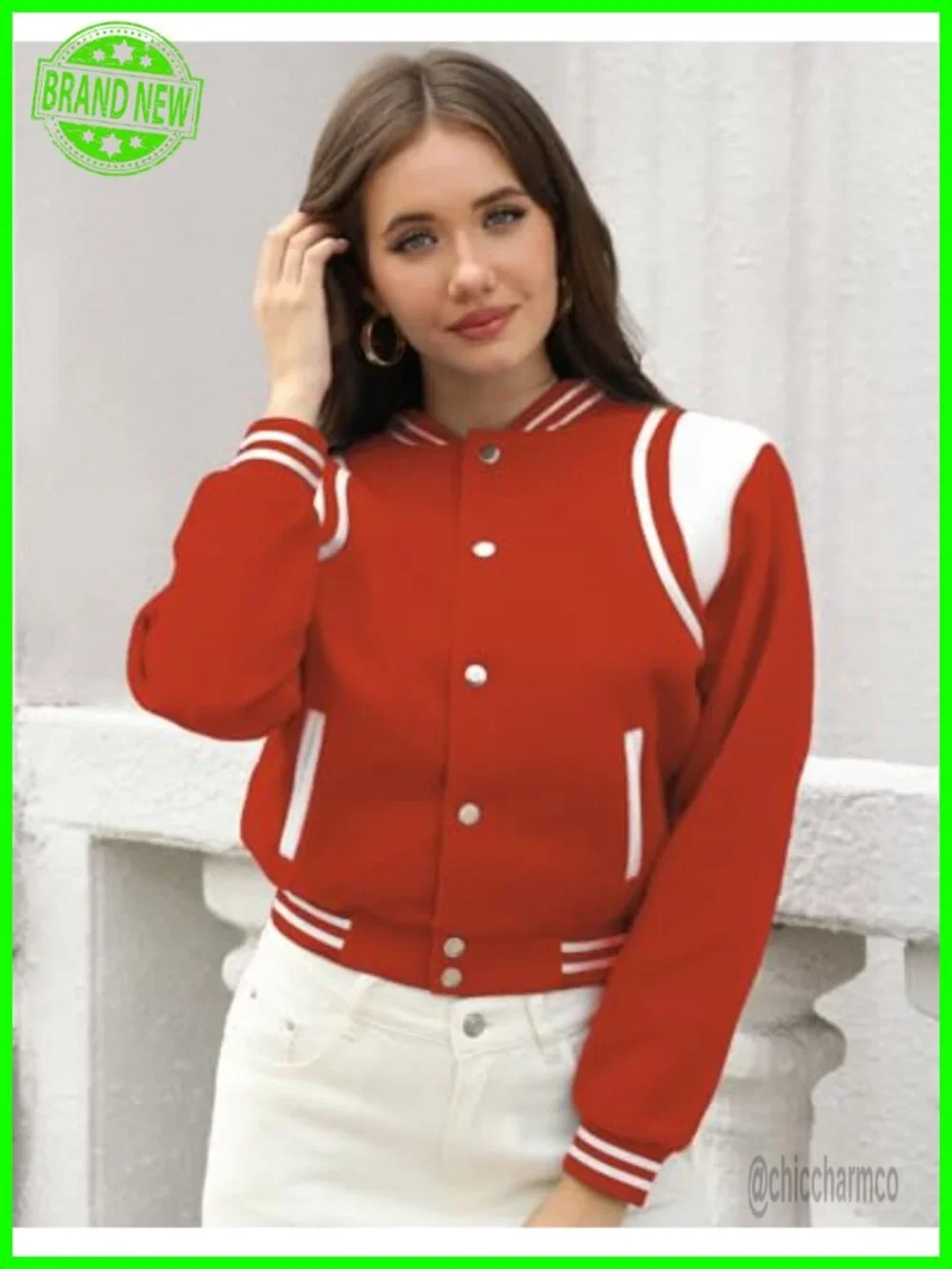 Women's Varsity Bomber Jacket Cropped Button Down with Pockets